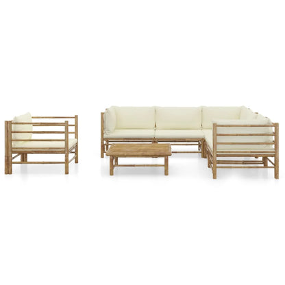 Set de muebles de jardín 7 piezas bambú y cojines blanco crema