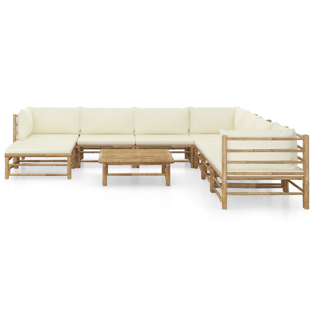 Set de muebles de jardín 9 piezas bambú y cojines blanco crema