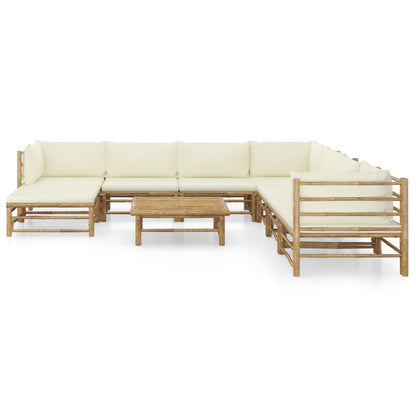 Set de muebles de jardín 9 piezas bambú y cojines blanco crema