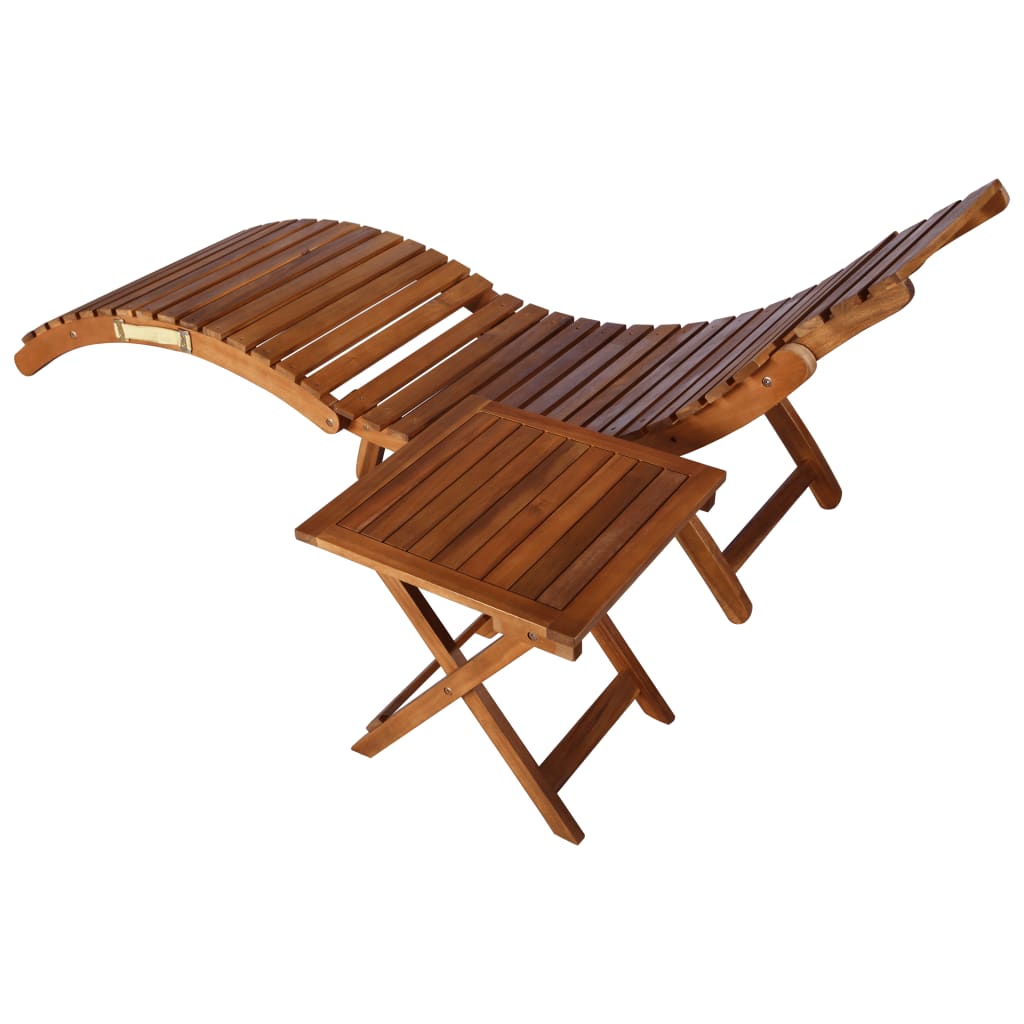 Garden lounger with table and cushion made of solid acacia wood