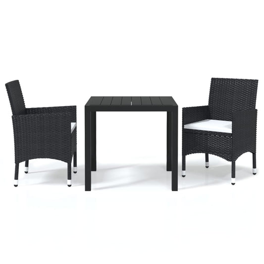 3-piece garden dining set with cushions, black synthetic rattan