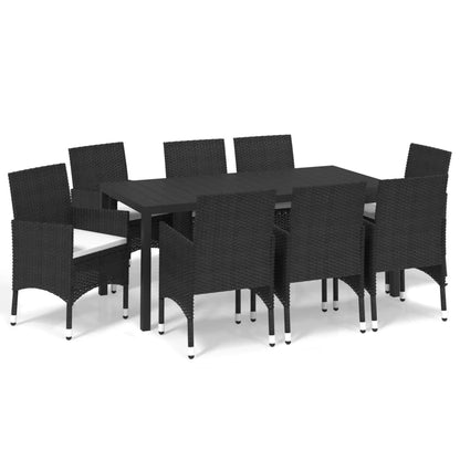 9-piece garden furniture set with cushions, black synthetic rattan