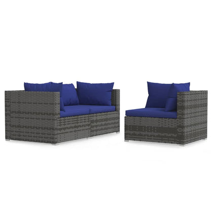 3-piece garden furniture set with cushions, synthetic rattan, grey