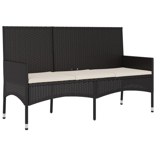 3 Seater Garden Bench with Cushions Black Poly Rattan