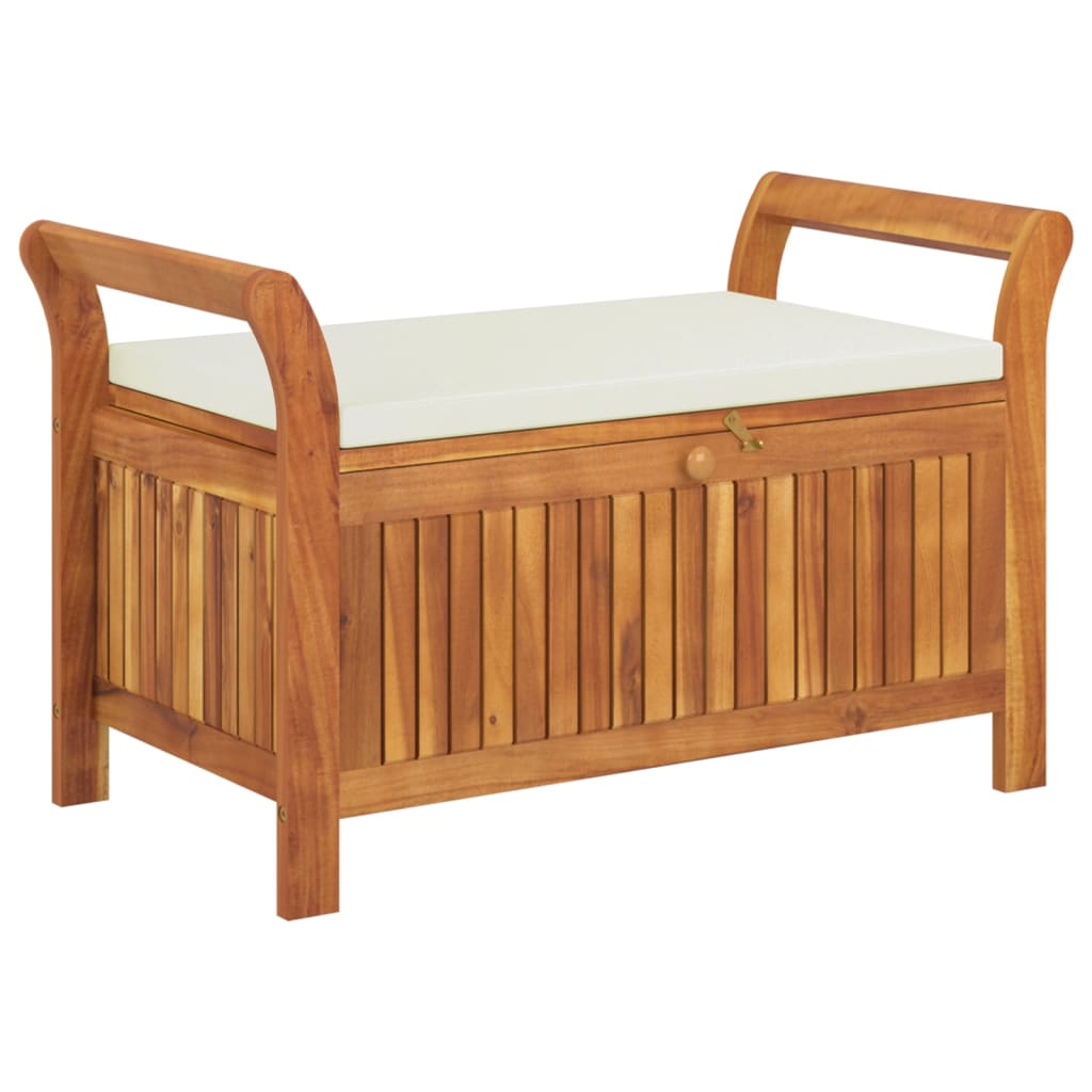 Garden storage bench with cushion, solid acacia wood, 91 cm