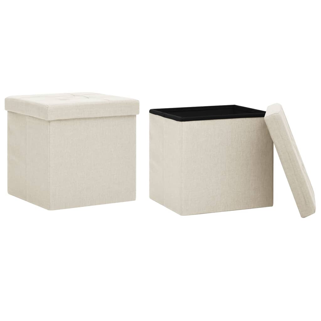 Folding Storage Stools 2 pcs Faux Linen Cream