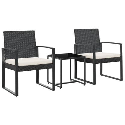 Set comedor de jardín 3 pzas con cojines PP aspecto ratán negro