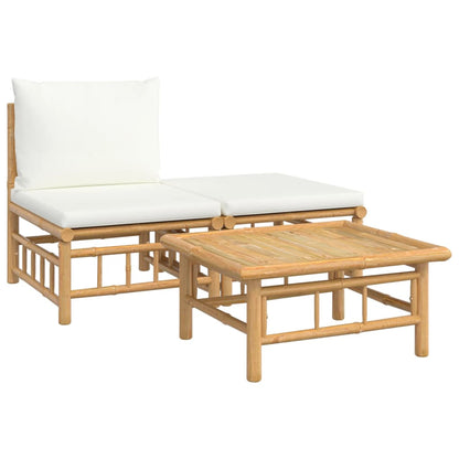 Set de muebles de jardín 3 piezas bambú y cojines blanco crema