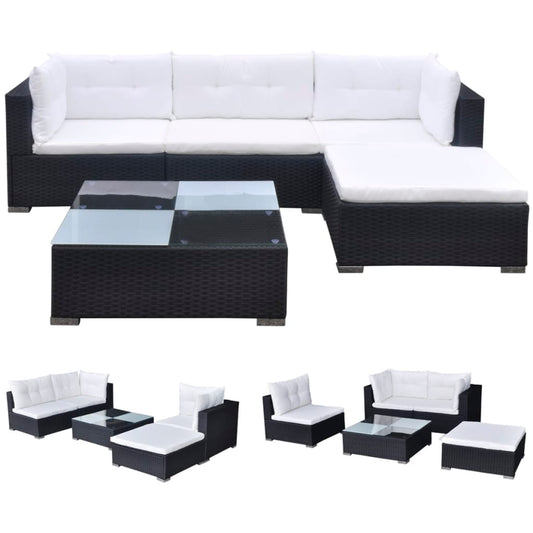 Set muebles de jardín 5 piezas y cojines ratán sintético negro