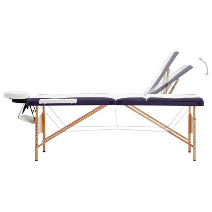 Folding massage table 3 zones white and purple wood