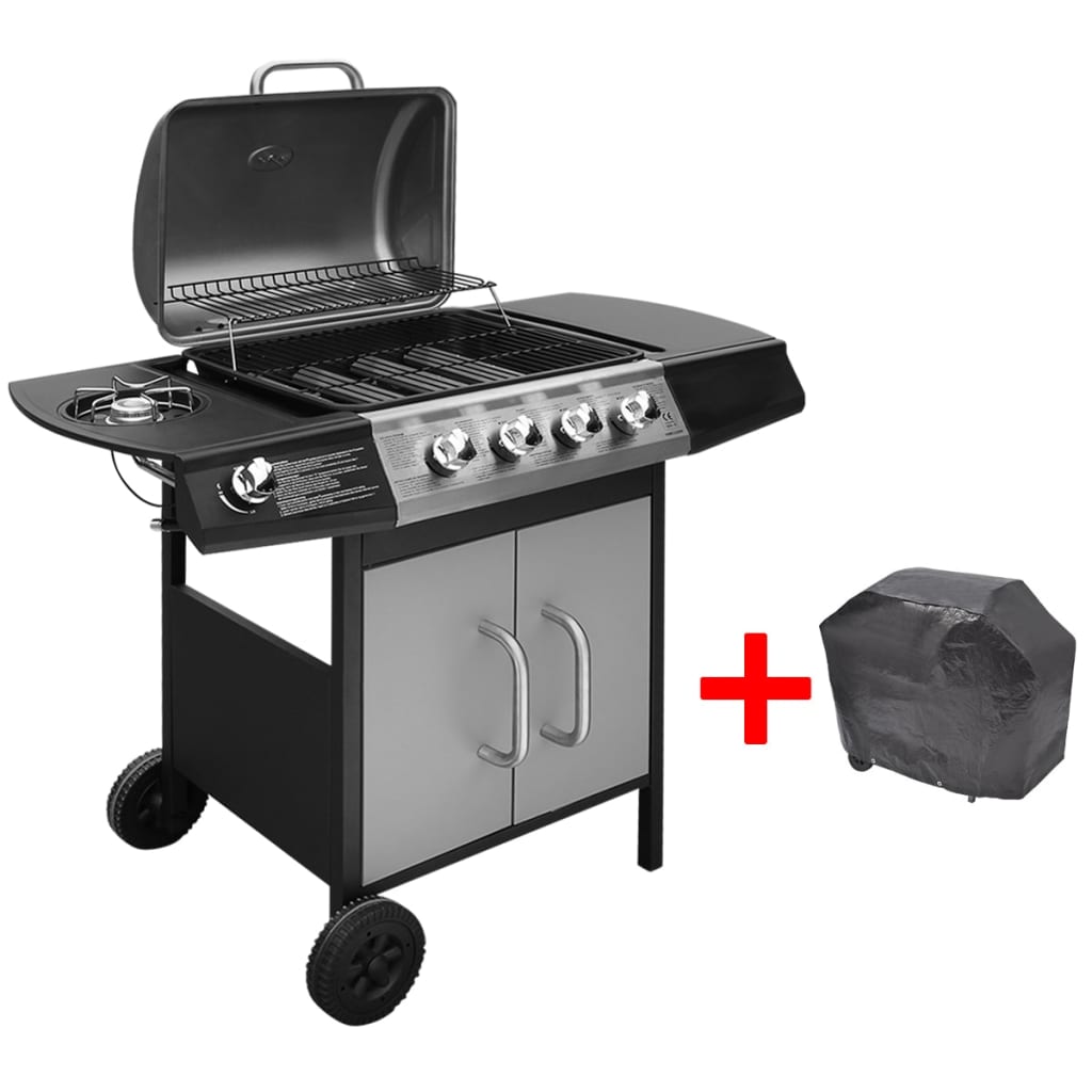 4+1 cooking zone gas grill barbecue, black and silver