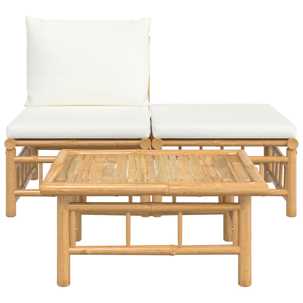 Set de muebles de jardín 3 piezas bambú y cojines blanco crema