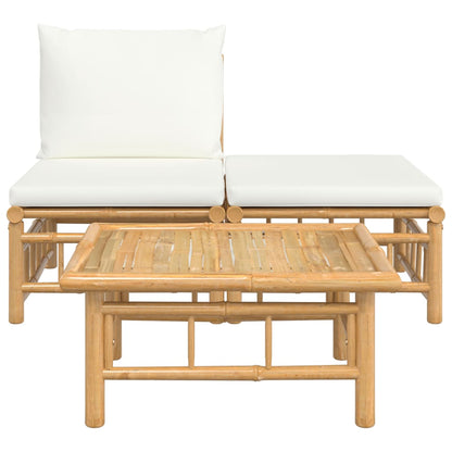 Set de muebles de jardín 3 piezas bambú y cojines blanco crema