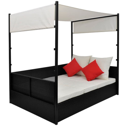 Cama de jardín con toldo ratán sintético negro 190x130 cm