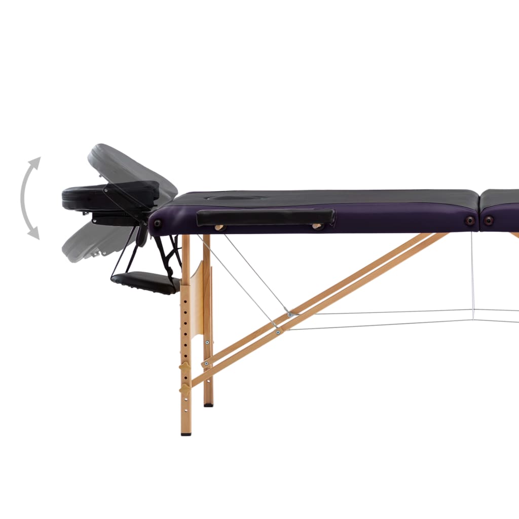 Folding massage table 3 zones black and purple wood