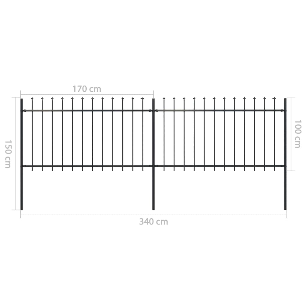 Garden fence with spearheads black steel 3.4x1 m