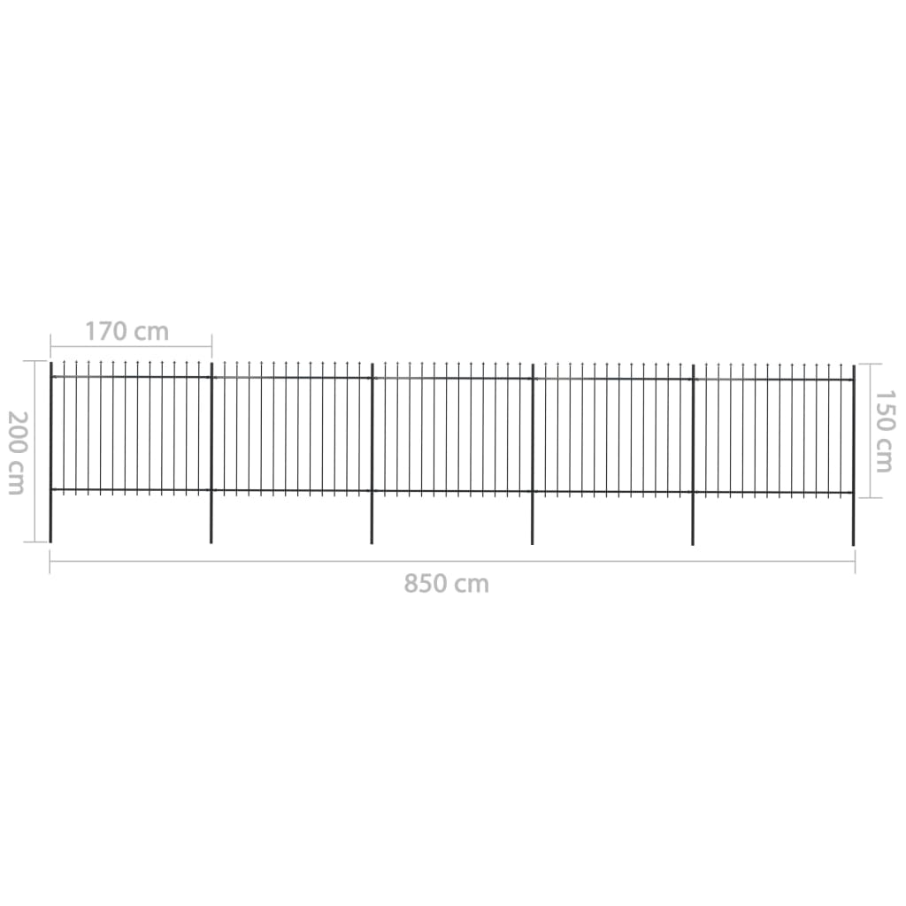 Garden fence with spearheads black steel 8.5x1.5 m