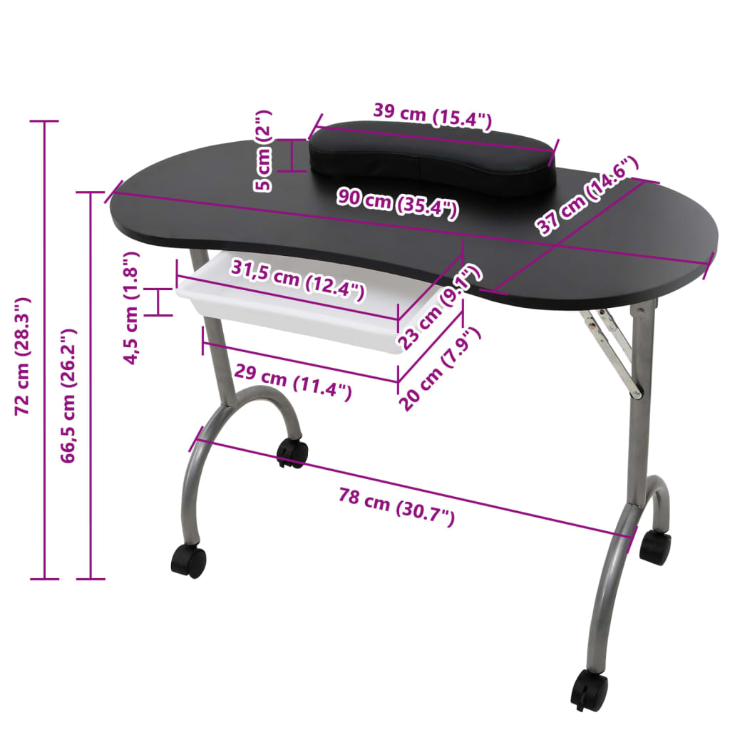 Folding manicure table with wheels white