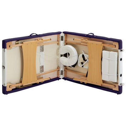 Folding massage table 3 zones white and purple wood