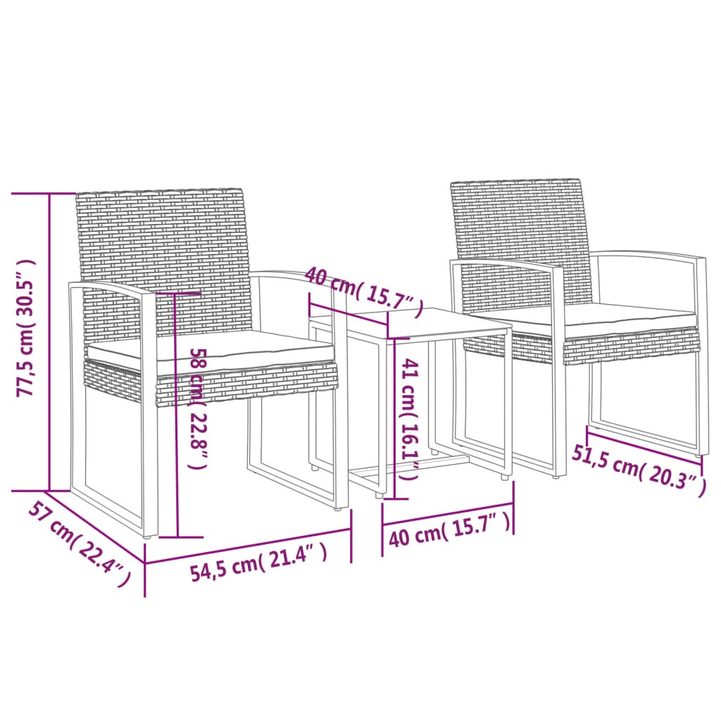 Set comedor de jardín 3 pzas con cojines PP aspecto ratán negro