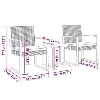 Set comedor de jardín 3 pzas con cojines PP aspecto ratán negro