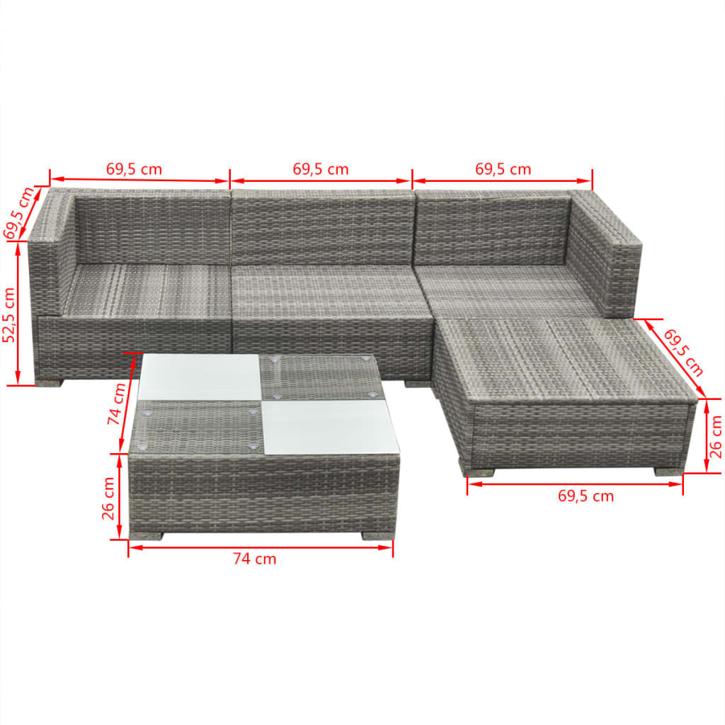 Set de muebles de jardín 5 pzas y cojines ratán sintético gris