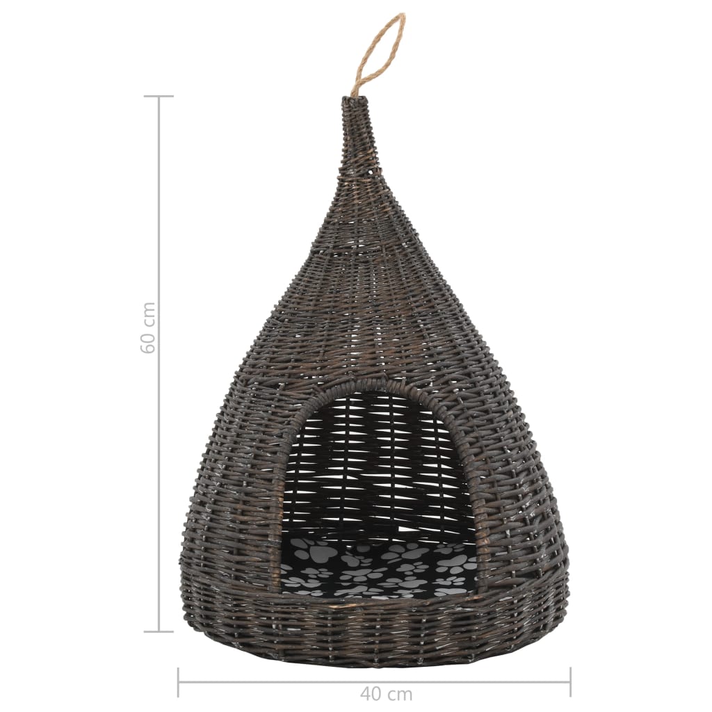 Cat house with tipi-shaped cushion, natural willow, grey, 40x60cm