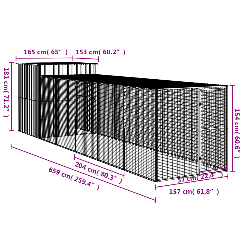 Chicken coop with run, light grey galvanised steel, 165x659x181cm