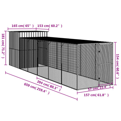 Chicken coop with run, light grey galvanised steel, 165x659x181cm