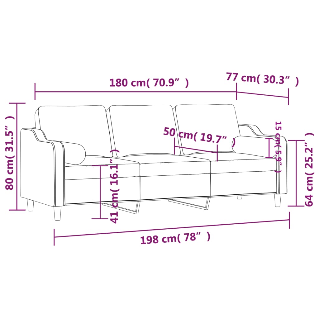 Sofá de 3 plazas con cojines tela marrón 180 cm