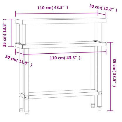 Mesa de trabajo para cocina con estante acero inox 110x30x120cm