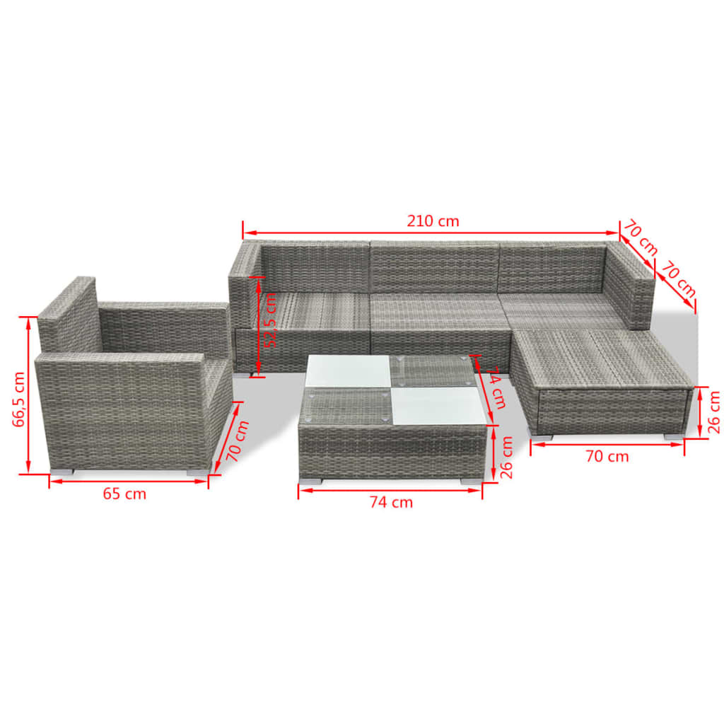 Juego de muebles de jardín 6 pzs y cojines ratán sintético gris