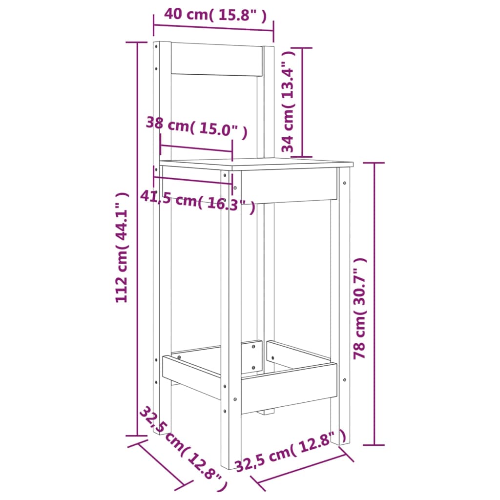 Taburetes altos 2 uds madera maciza de pino 40x41,5x112 cm