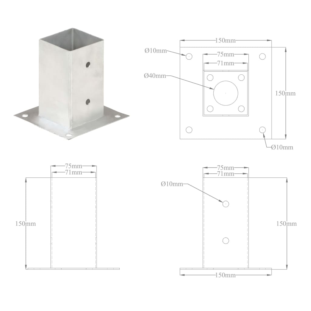 Anclajes para postes 4 unidades metal galvanizado 71-141 mm