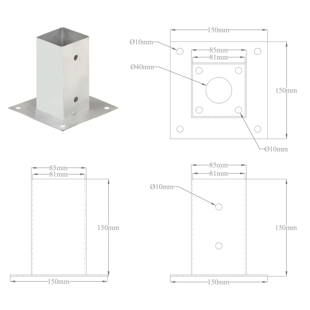 Anclajes para postes 4 unidades metal galvanizado 71-141 mm