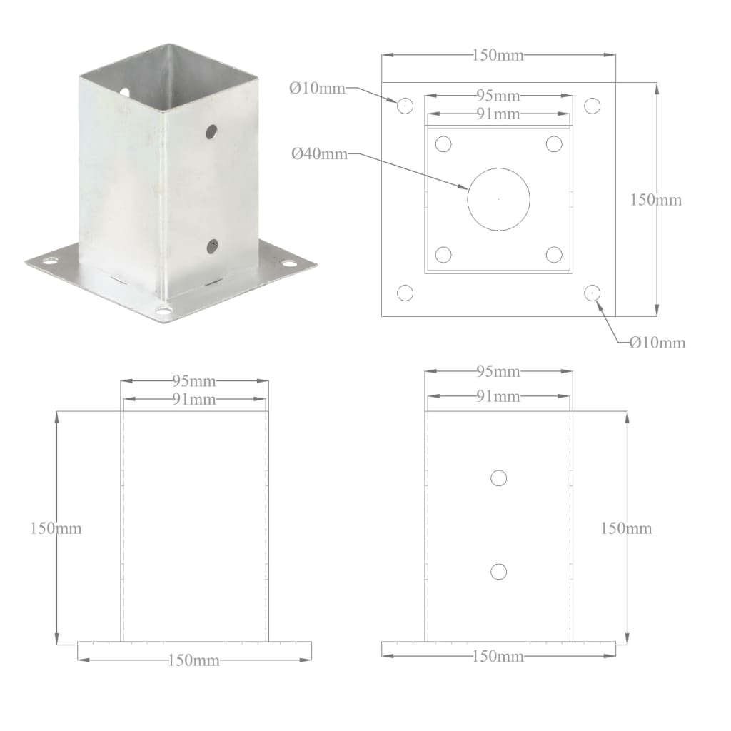 Anclajes para postes 4 unidades metal galvanizado 71-141 mm