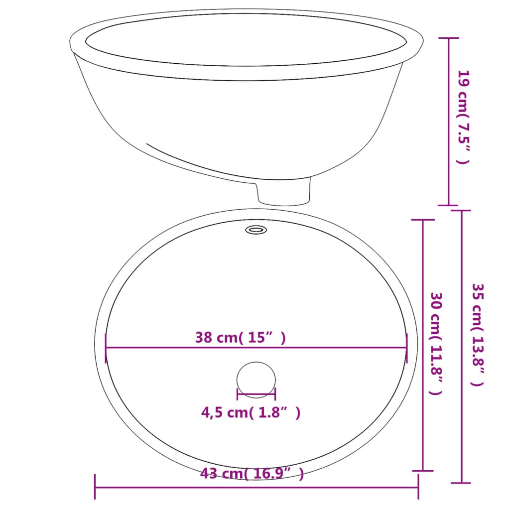 White ceramic oval bathroom sink 43x35x19 cm