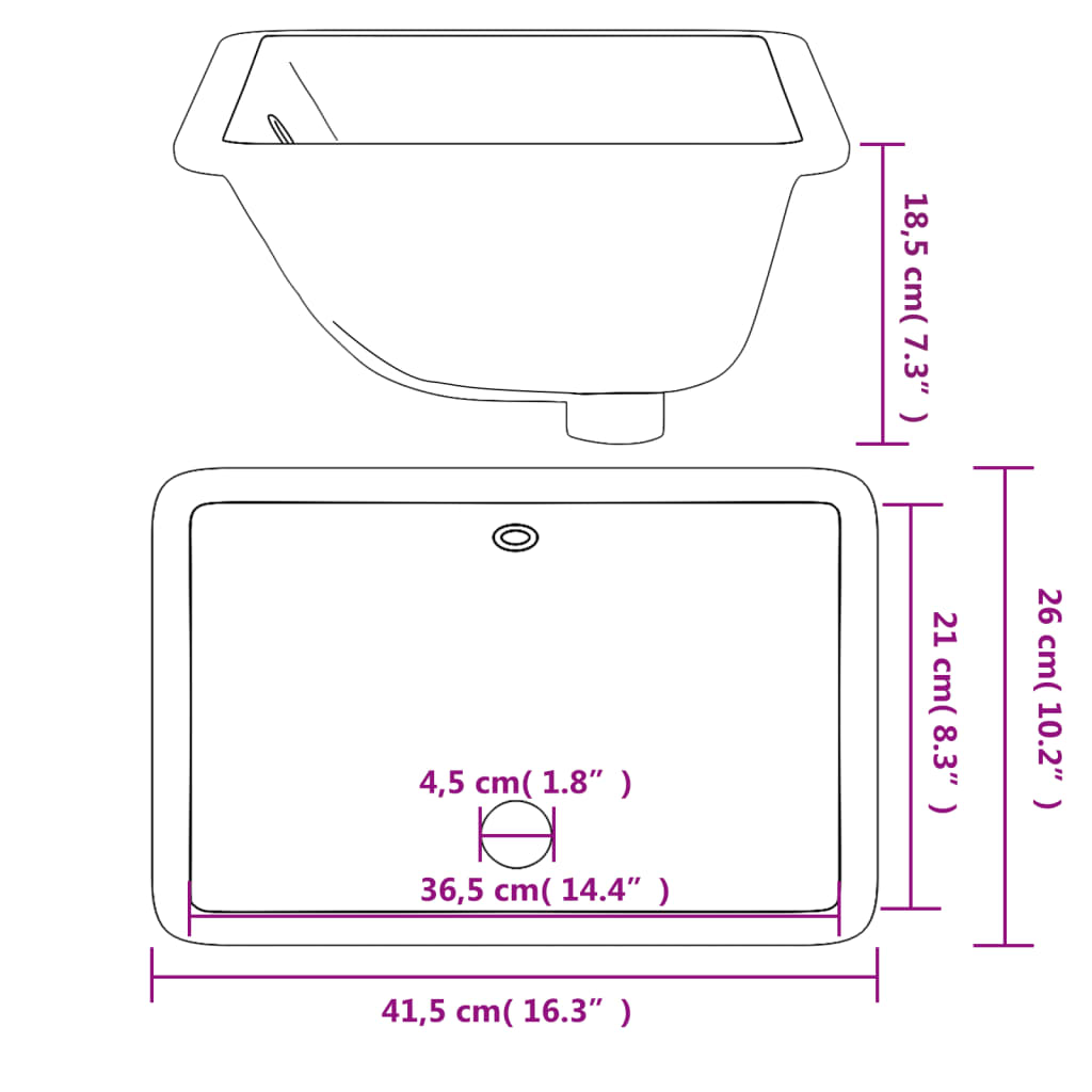 Rectangular white ceramic bathroom sink 41.5x26x18.5 cm