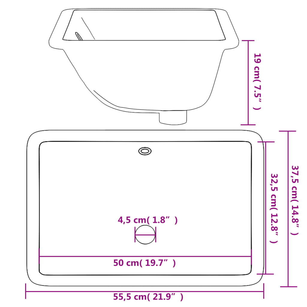 Rectangular white ceramic bathroom sink 41.5x26x18.5 cm