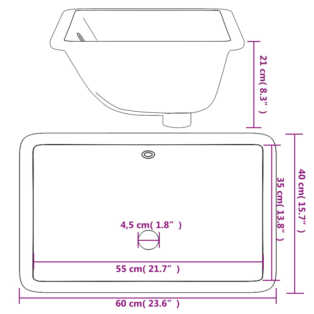 Rectangular white ceramic bathroom sink 41.5x26x18.5 cm