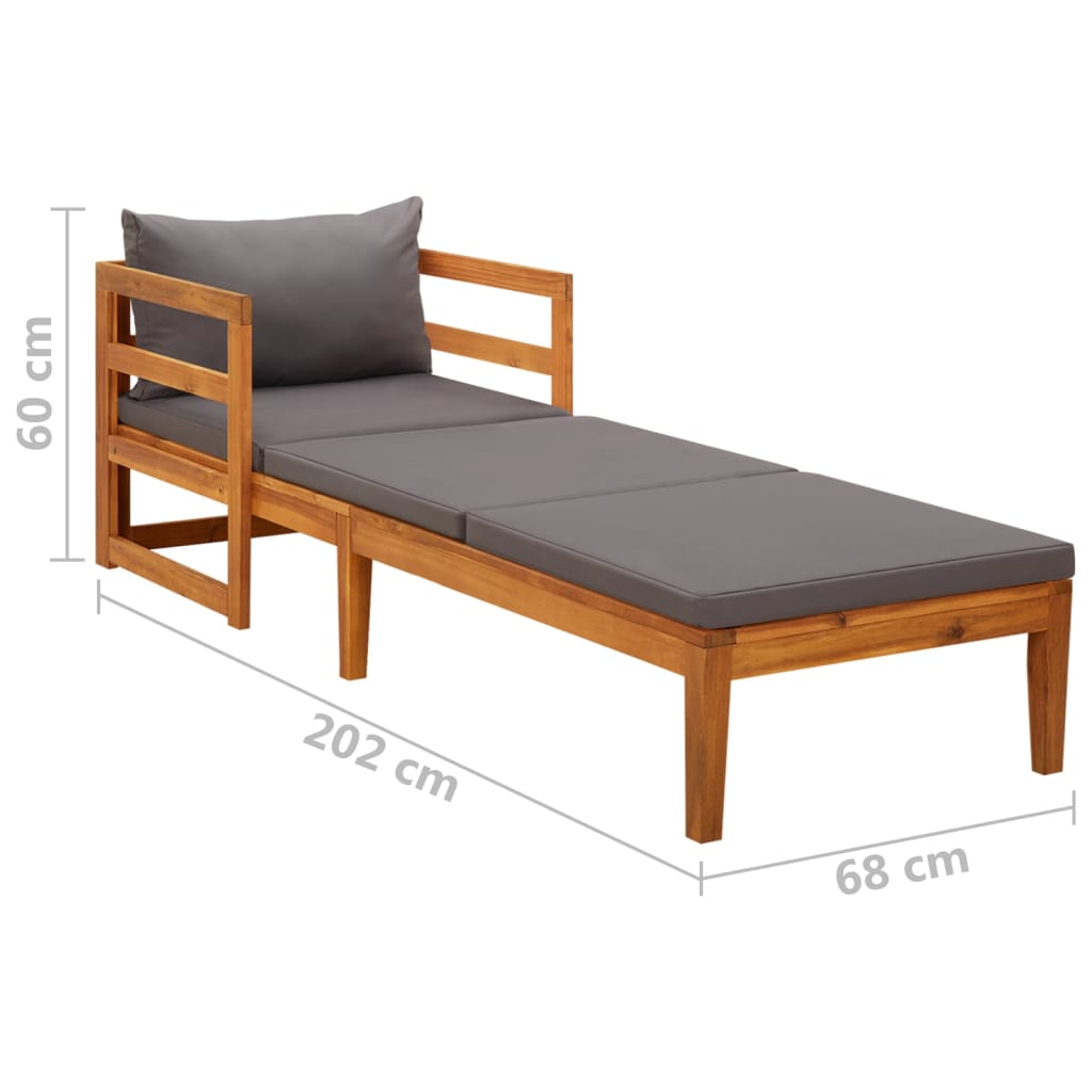 Lounger with dark grey cushions solid acacia wood