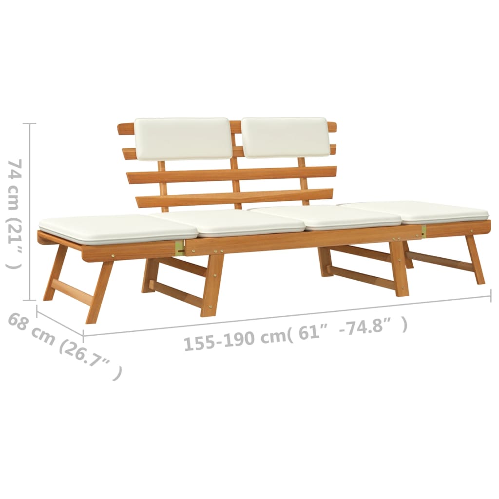 Garden bench with cushions 2 in 1 solid acacia wood 190 cm