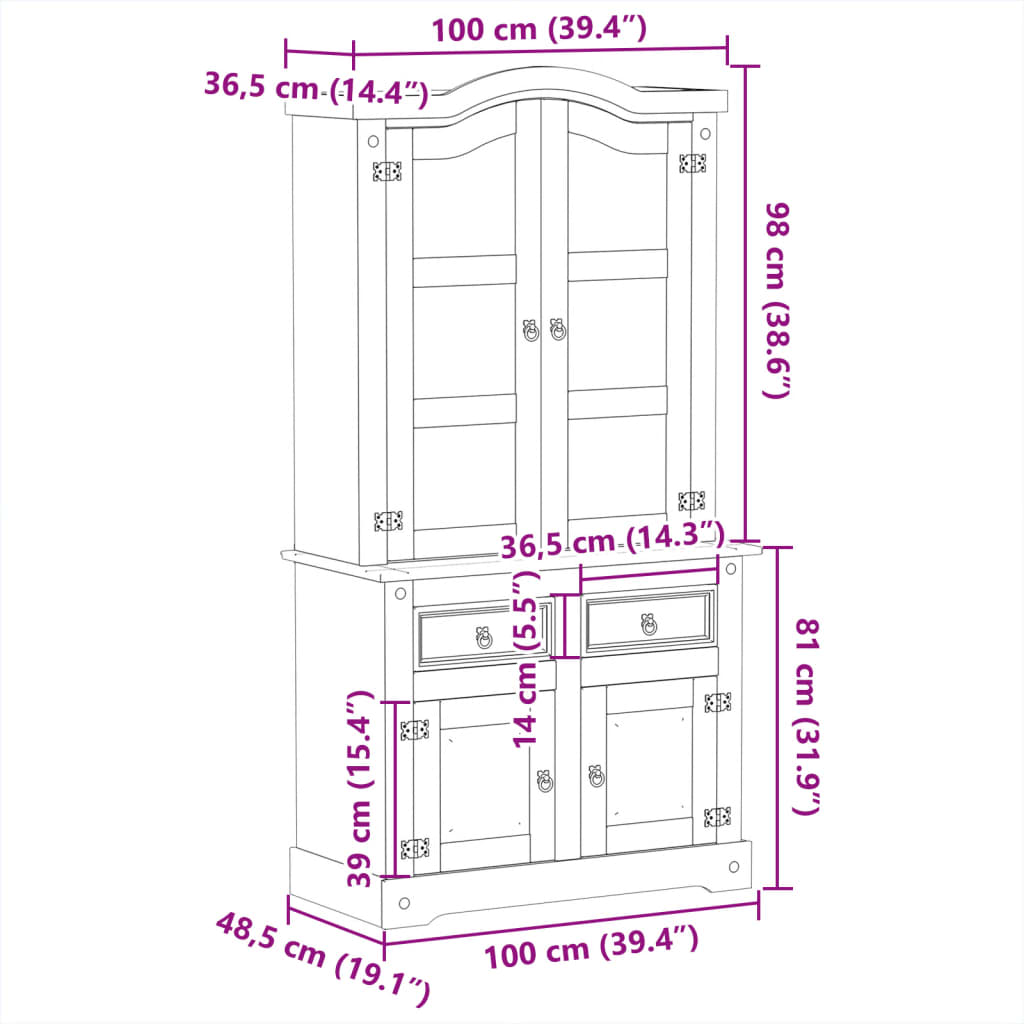 Armario con vitrina Corona madera maciza pino 100x48,5x179 cm