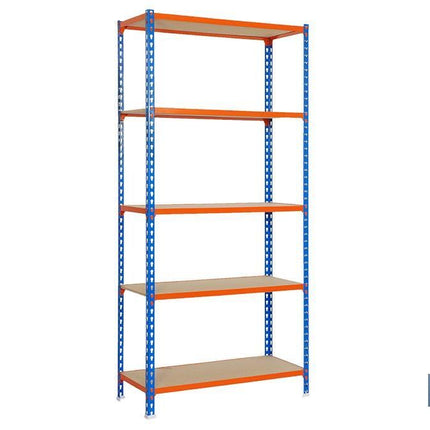 Estantería de acero | Color azul y naranja | Disponible con 5 baldas de madera | Medidas: 200 x 100 x 50 cm