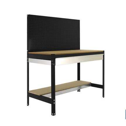 Banco de trabajo | Incluye panel perforado, 2 estantes de madera y 1 cajón | Disponible en color antracita | Medidas: 1445 x 1210 x 610 mm