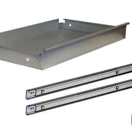 Cajón de acero galvanizado | Adecuado para bancos de trabajo | Incluye guías telescópicas | Medidas: 11 x 107,5 x 59 cm