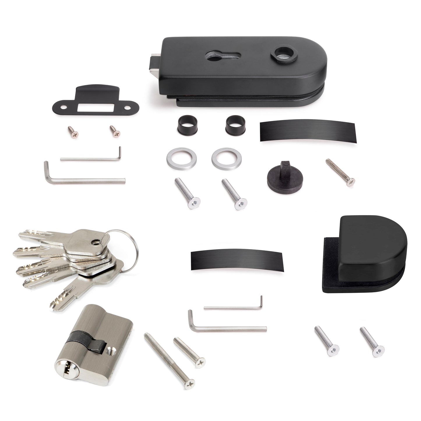 Emuca Kit lock and strike plate for double glass door, 8-12mm glass door, steel and aluminium, painted black