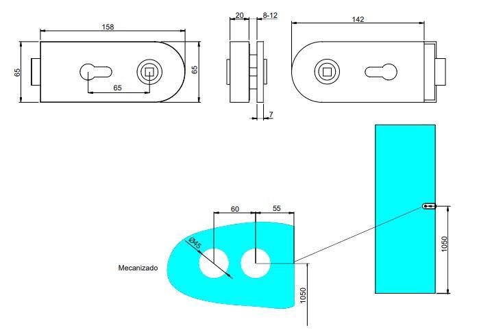 Emuca Kit lock and strike plate for double glass door, 8-12mm glass door, steel and aluminium, painted black