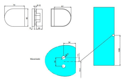 Emuca Kit lock and strike plate for double glass door, 8-12mm glass door, steel and aluminium, painted black