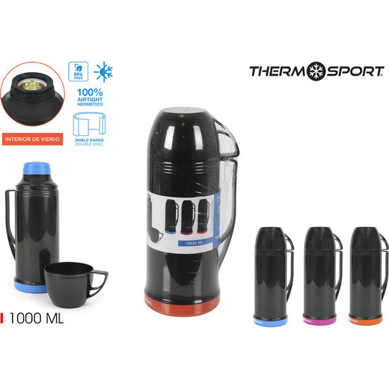 Termo plástico con taza 1L Naranja/Purple/Azul Thermosport